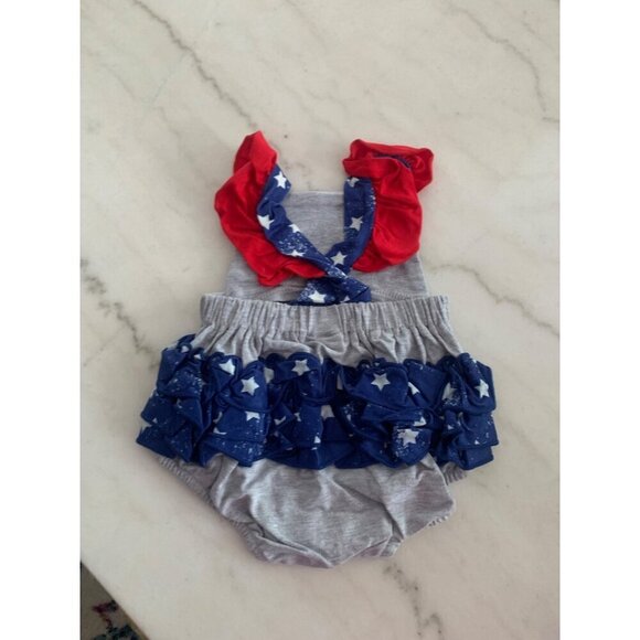 Patriotic Baby Romper With Ruffled Star Spangled Bottoms & Red Straps - Picture 2 of 2